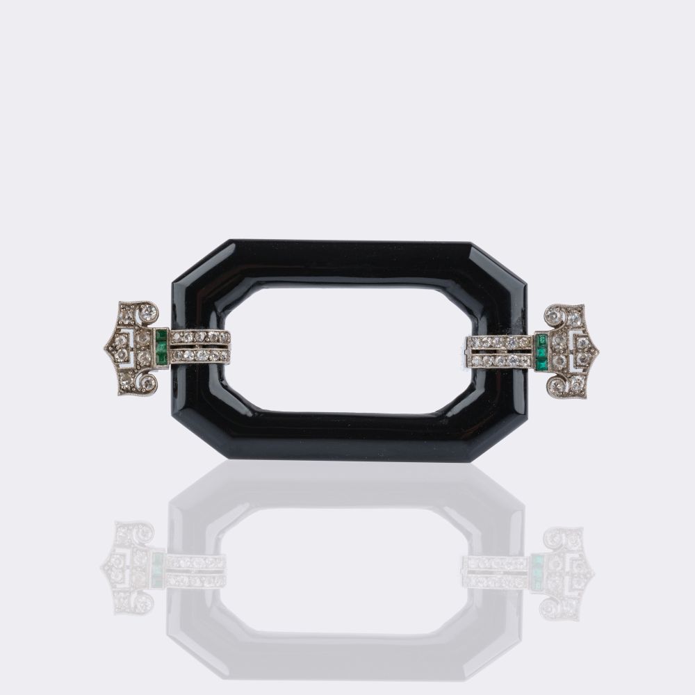 French Art Deco Onyx-Diamond Brooch with Emerald