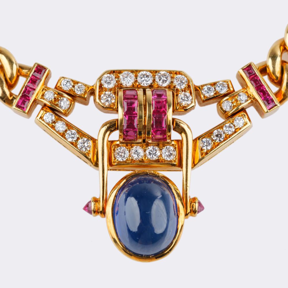 Gold Necklace with Sapphire Cabochon, Rubies and Diamonds - image 2