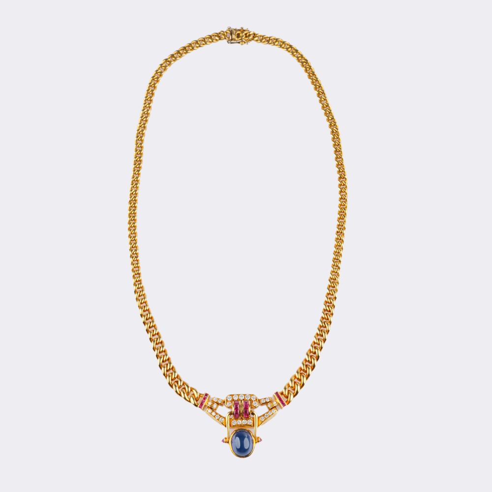 Gold Necklace with Sapphire Cabochon, Rubies and Diamonds - image 3
