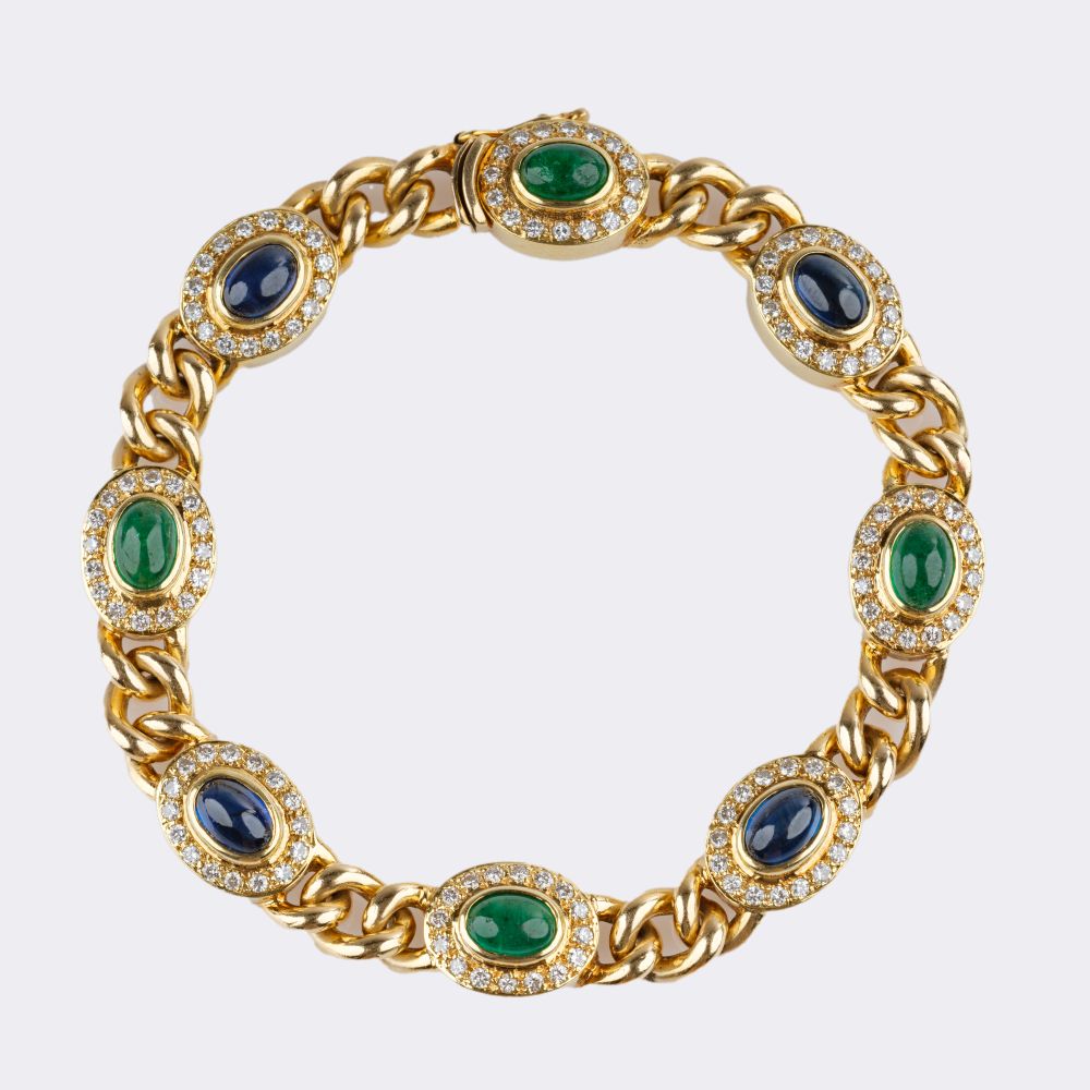 Curb Chain Bracelet with Diamonds, Emerald and Sapphires