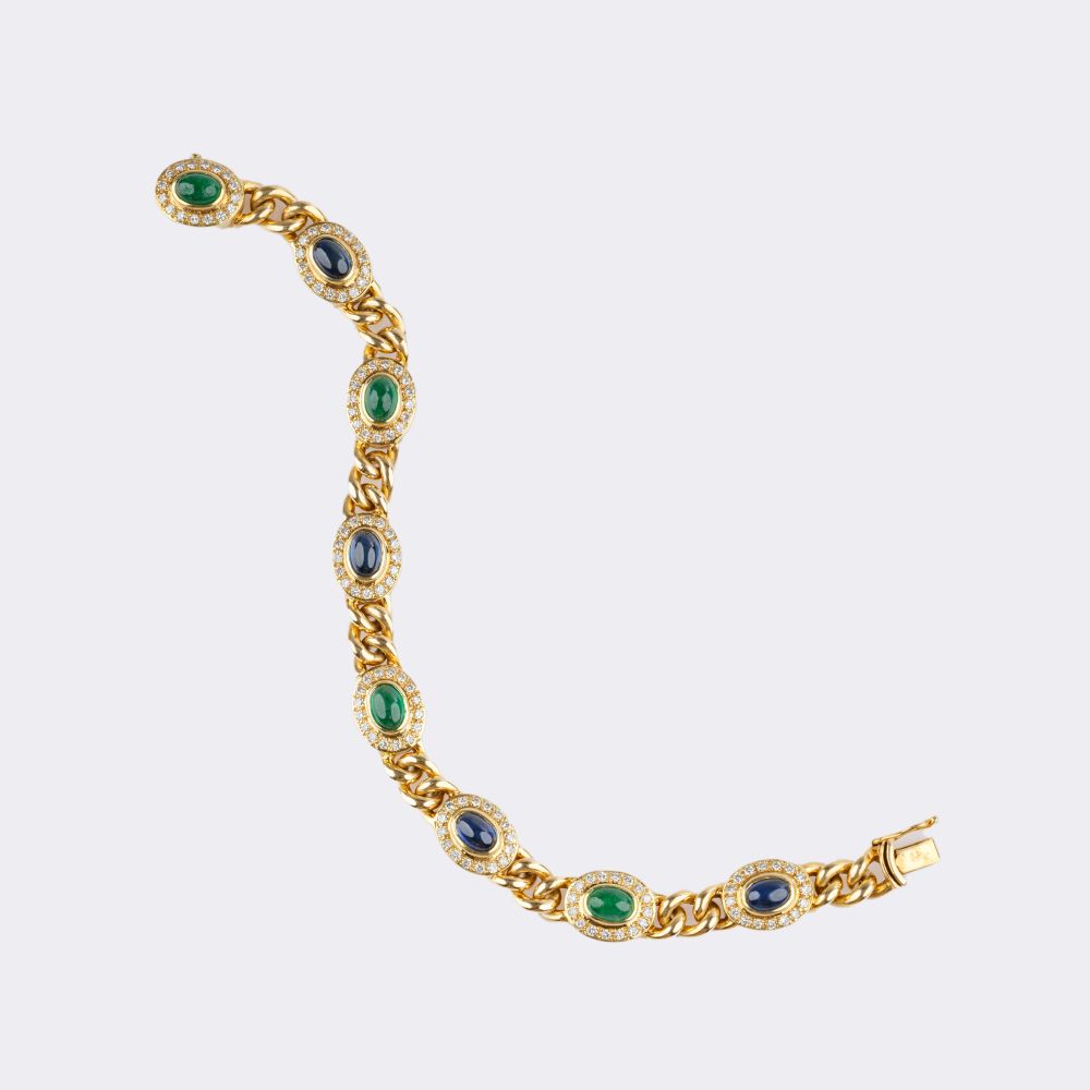 Curb Chain Bracelet with Diamonds, Emerald and Sapphires - image 2