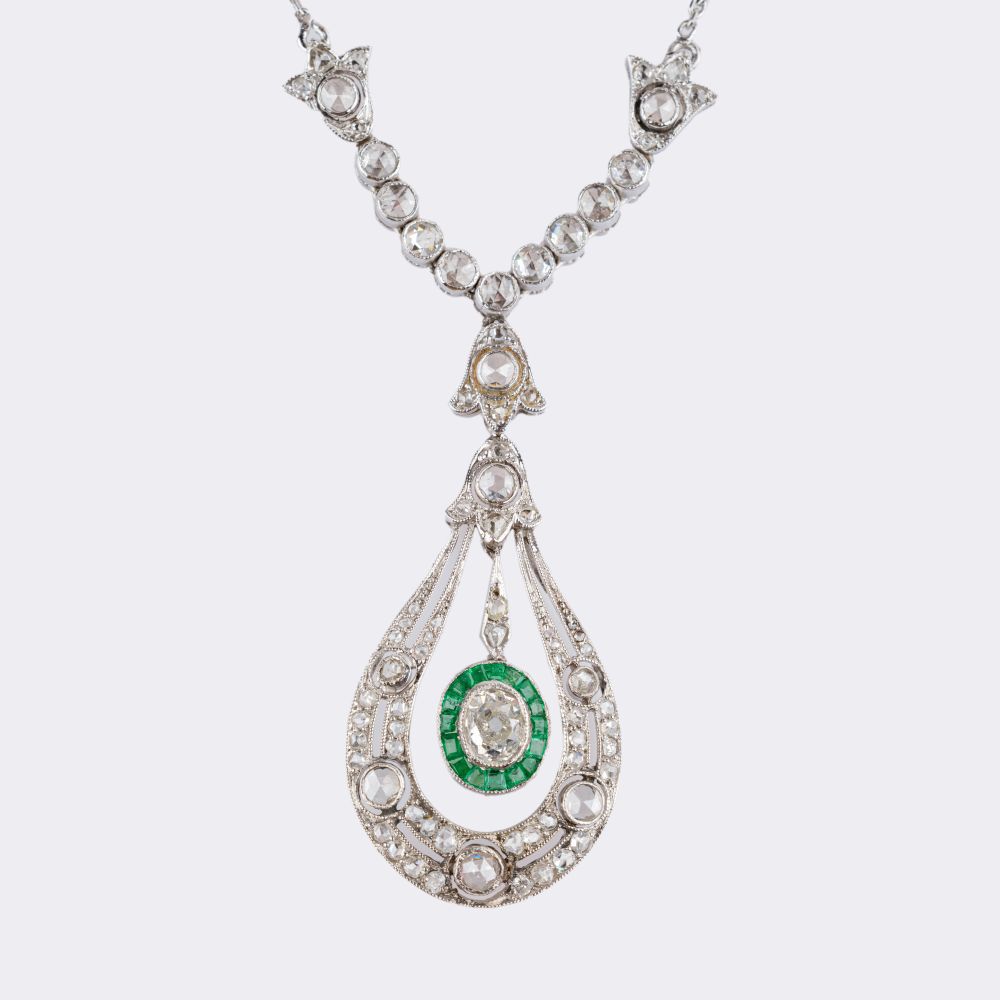 Art-Deco Diamond Emerald Pendant on Chain