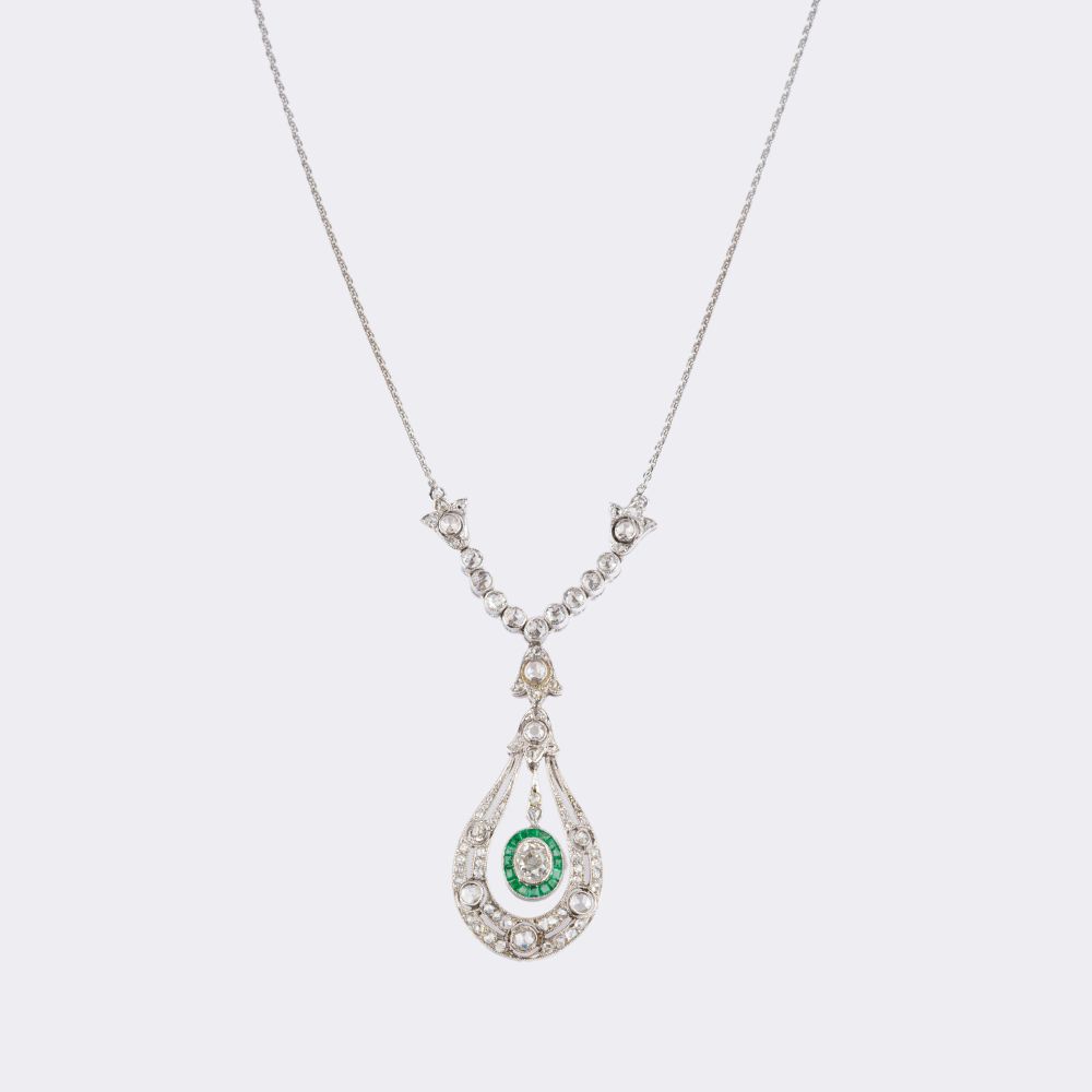 Art-Deco Diamond Emerald Pendant on Chain - image 2