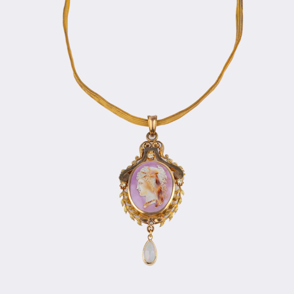 Antique Portrait Pendant with Agate Cameo on Chain Necklace - image 2