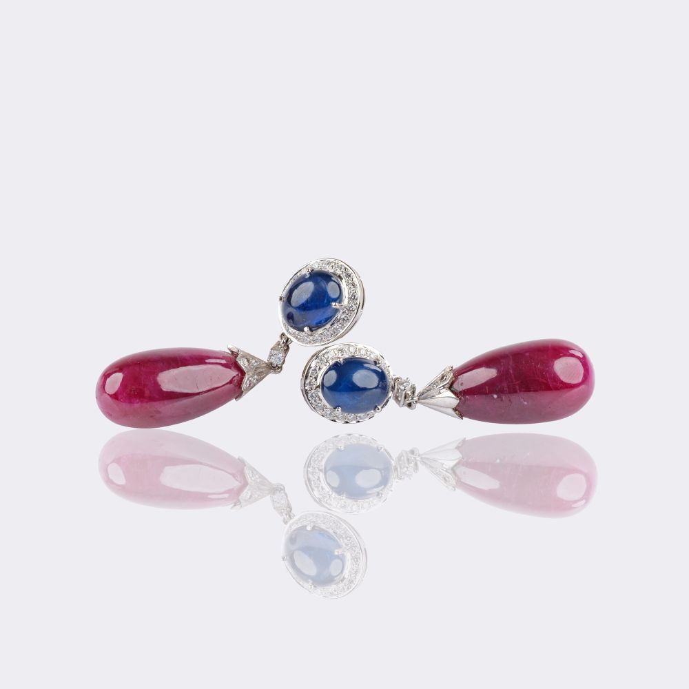 Pair of Ruby Sapphire Earrings with Diamonds - image 2
