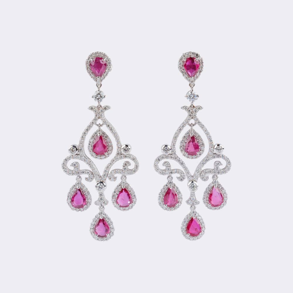 Pair of Ruby Diamond Chandelier Earrings
