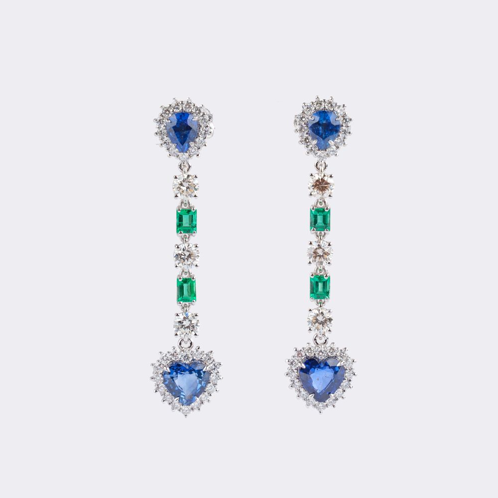 Pair of Sapphire Emerald Earrings with Diamonds