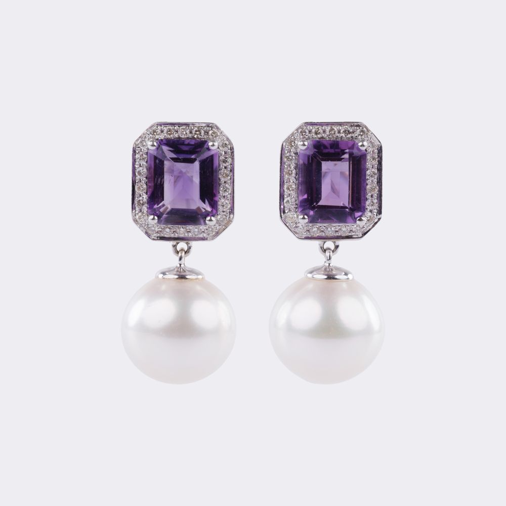 Pair of Southsea Pearl Earpendants with Amethyst and Diamonds