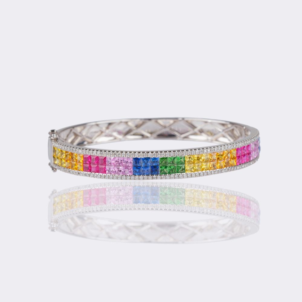Rainbow Sapphire Ruby Bangle Bracelet with Diamonds - image 3