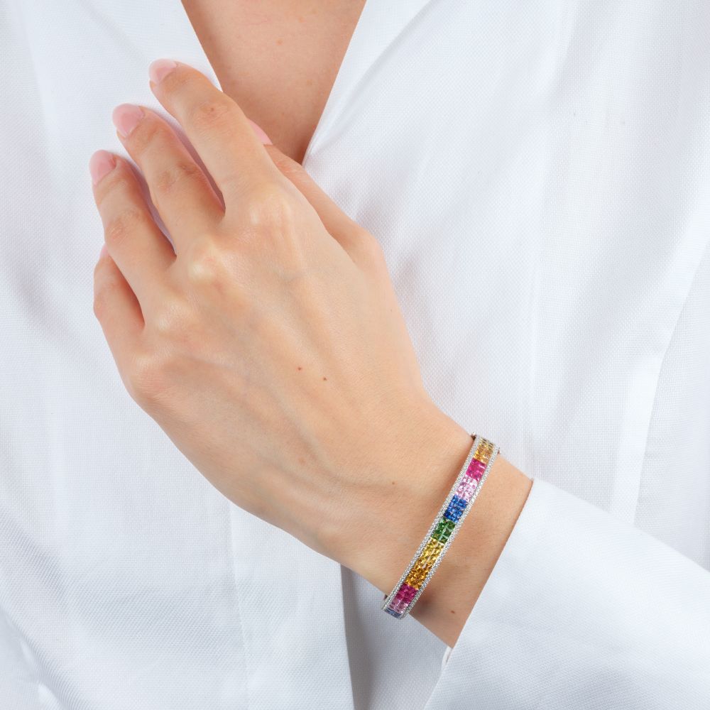 Rainbow Sapphire Ruby Bangle Bracelet with Diamonds - image 4