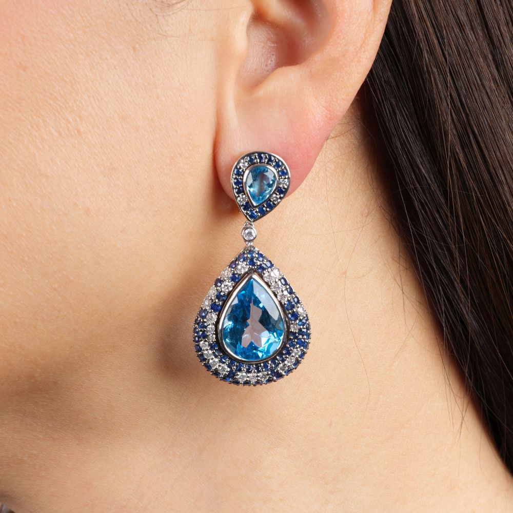 Pair of Topaz Earrings with Sapphire-Diamond - image 2