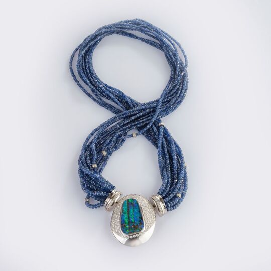 Sapphire Necklace with Diamond Boulder Opal Clasp