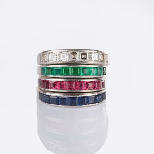 Four Stacking Rings with Diamonds, Rubies, Sapphires and Emeralds