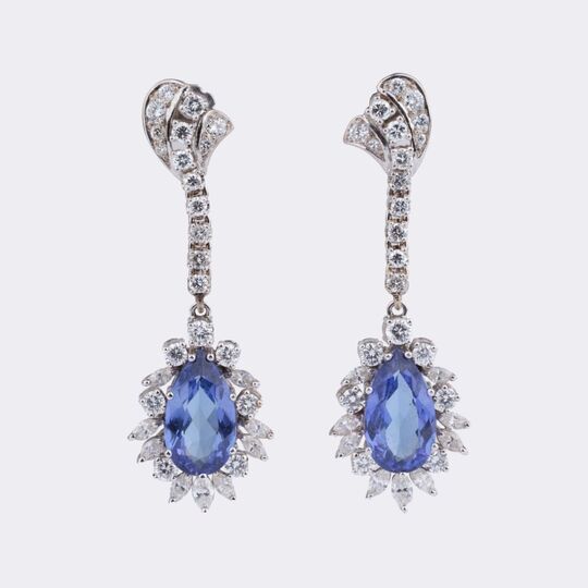 Pair of Diamond Earrings with changeable Pendants of Tanzanites and South Sea Pearls
