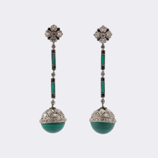 Pair of Art déco Malachite Diamond Earrings