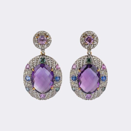 Pair of Amethyst Diamond Earrings with Sapphires