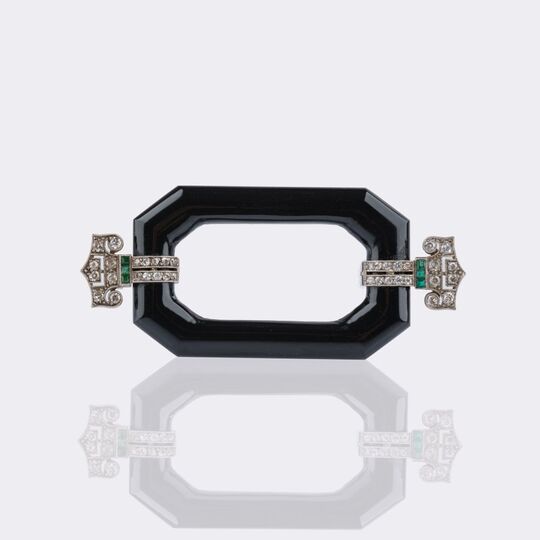 French Art Deco Onyx-Diamond Brooch with Emerald