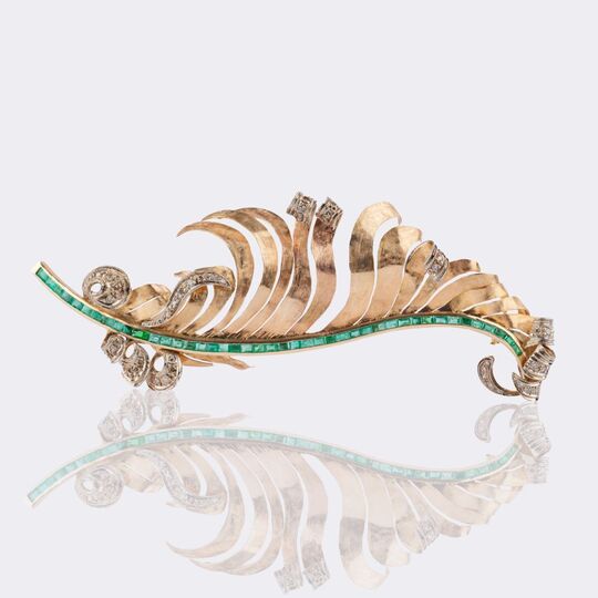 Large Vintage Brooch with Emeralds and Diamonds