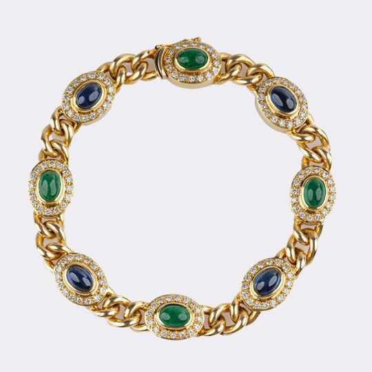 Curb Chain Bracelet with Diamonds, Emerald and Sapphires
