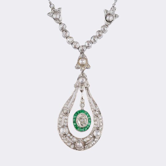 Art-Deco Diamond Emerald Pendant on Chain