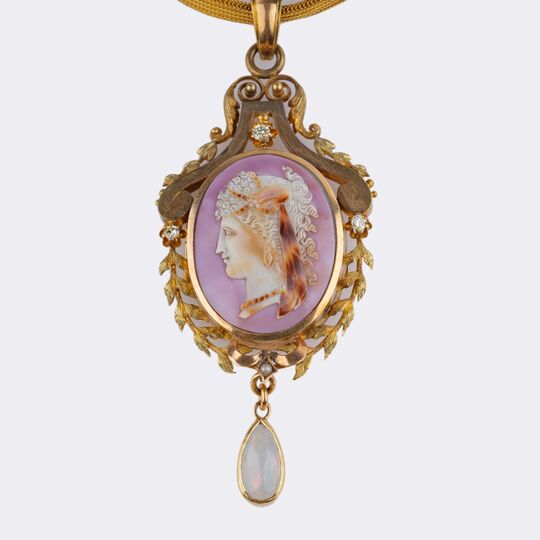 Antique Portrait Pendant with Agate Cameo on Chain Necklace