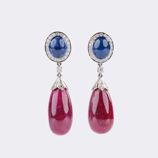 Pair of Ruby Sapphire Earrings with Diamonds