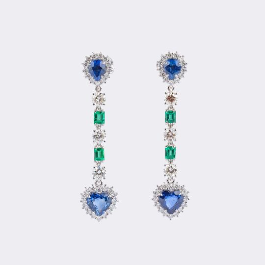 Pair of Sapphire Emerald Earrings with Diamonds