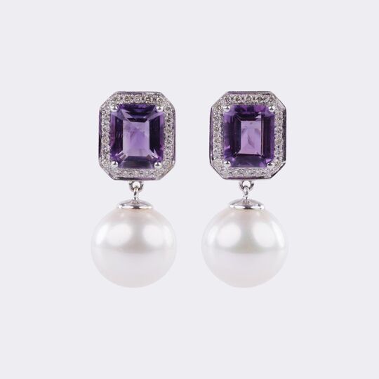 Pair of Southsea Pearl Earpendants with Amethyst and Diamonds