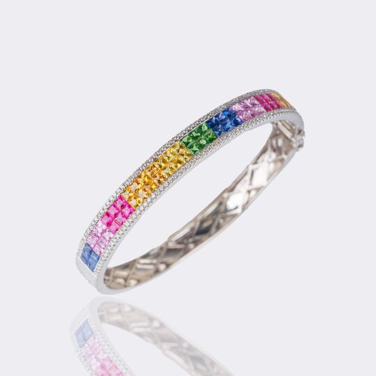 Rainbow Sapphire Ruby Bangle Bracelet with Diamonds