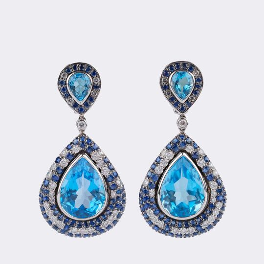 Pair of Topaz Earrings with Sapphire-Diamond