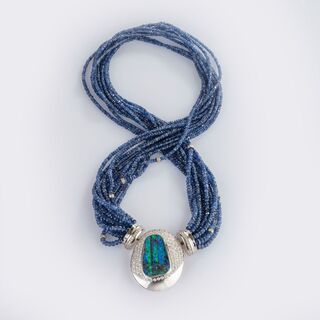 Sapphire Necklace with Diamond Boulder Opal Clasp