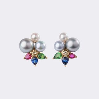 Pair of Gemstone-Pearl Earclips with Diamonds