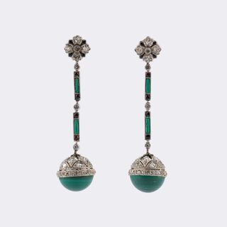 Pair of Art déco Malachite Diamond Earrings