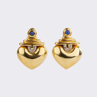 Pair of Gold Earrings 'Hearts' with Lapis Lazuli