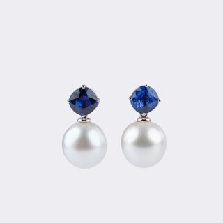 Pair of Southsea Pearl Earrings with Natural Sapphires