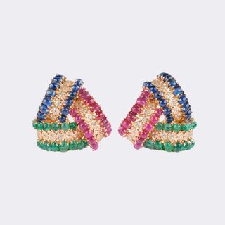 Pair of Knot Earclips with Rubies, Emeralds, Sapphires and Diamonds