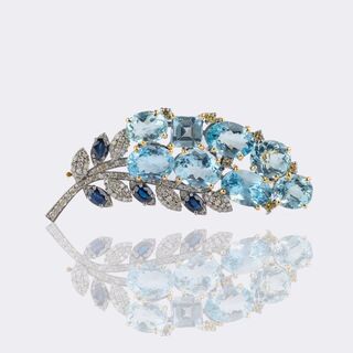Aquamarine Flower Brooch with Sapphires and Diamonds