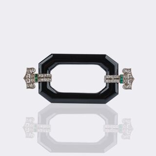 French Art Deco Onyx-Diamond Brooch with Emerald