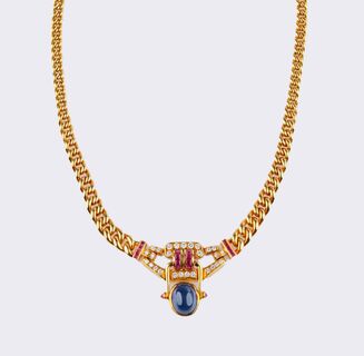 Goldnecklace with Sapphire Cabochon, Rubies and Diamonds