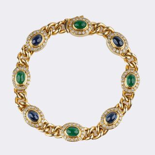 Curb Chain Bracelet with Diamonds, Emerald and Sapphires