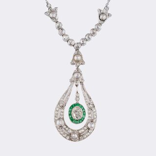 Art-Deco Diamond Emerald Pendant on Chain