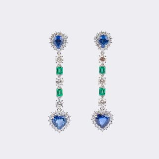 Pair of Sapphire Emerald Earrings with Diamonds