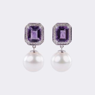 Pair of Southsea Pearl Earpendants with Amethyst and Diamonds