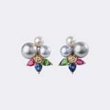 Pair of Gemstone-Pearl Earclips with Diamonds