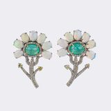 Pair of Opal Emerald Flower Earrings with Diamonds - image 1