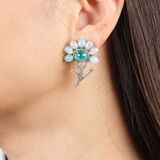 Pair of Opal Emerald Flower Earrings with Diamonds - image 3