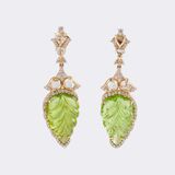 Pair of Peridot Earrings 'Leaf Cut' with Diamonds - image 1