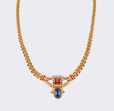Gold Necklace with Sapphire Cabochon, Rubies and Diamonds - image 1