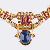 Gold Necklace with Sapphire Cabochon, Rubies and Diamonds - image 2