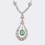 Art-Deco Diamond Emerald Pendant on Chain - image 1